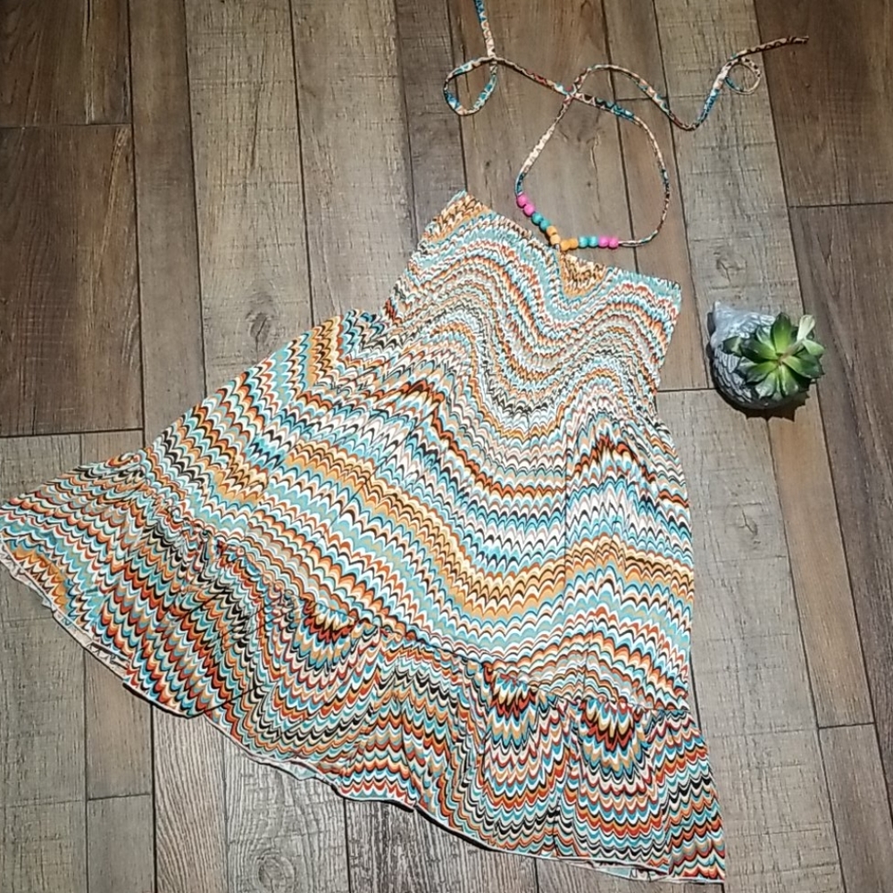 India boutique colorful wavy line ruffle halter dress
